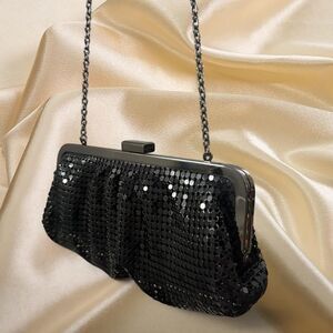 Black Sequin Metal Mesh Clutch Chain Strap Kiss Lock Frame Evening Bag Y2K Disco